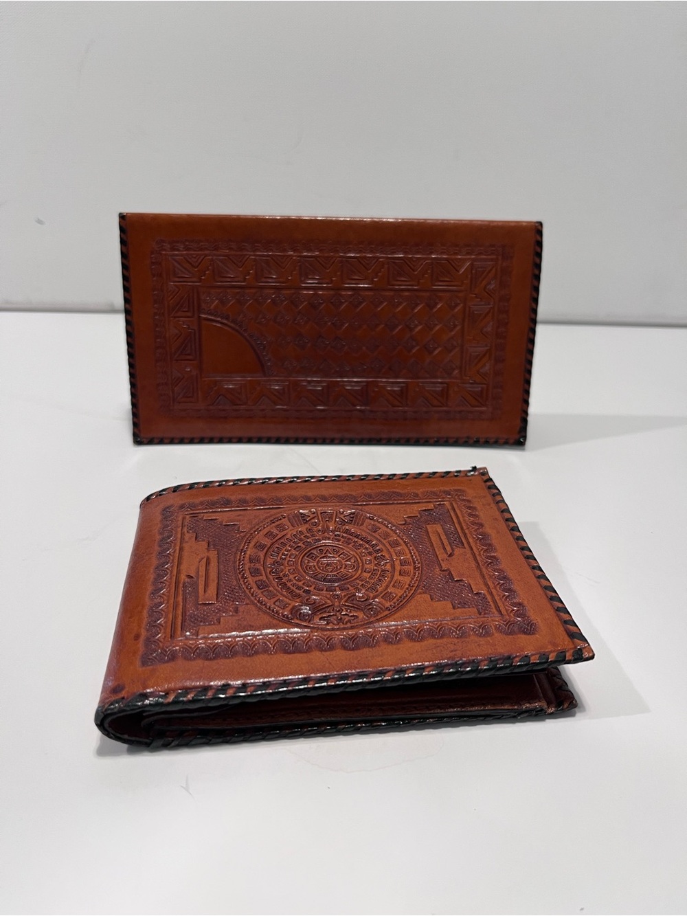 Vintage Handcrafted Leather Aztec Calendar Embossed Wallet & Check Book